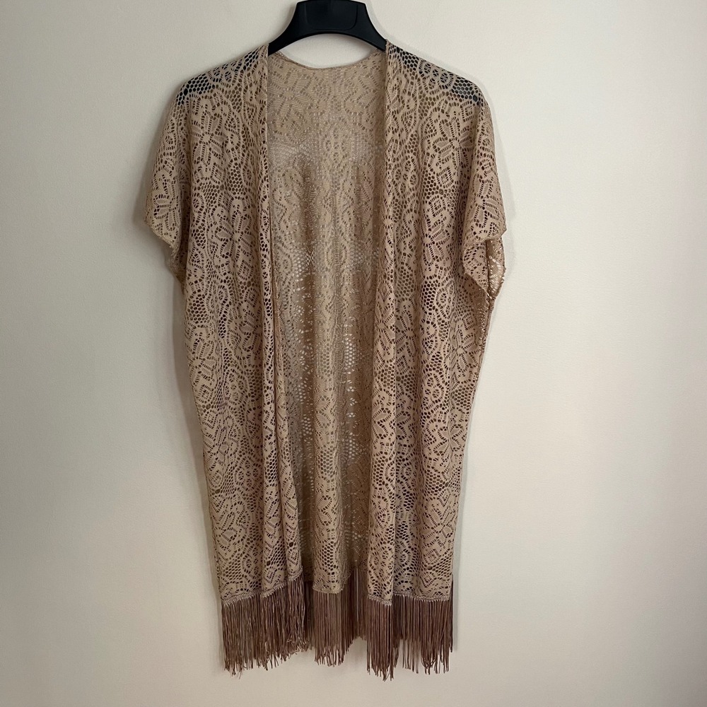 Womens Tan Lace Crochet Fringe Kimono Wrap Open Front Boho Cover Up OS